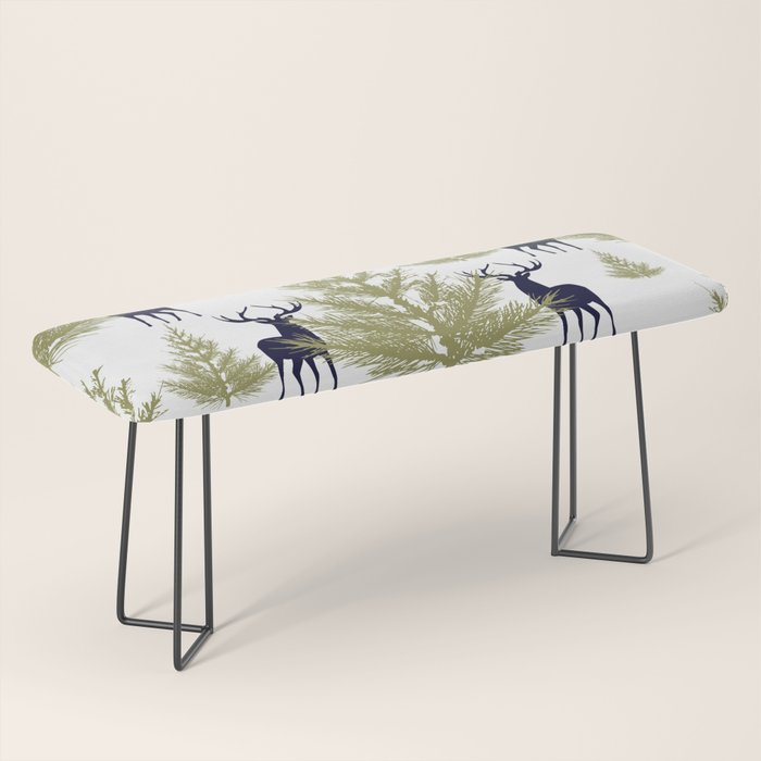 Christmas Trees and Deer, Pattern, Green and Blue Bench Gallery Image 1