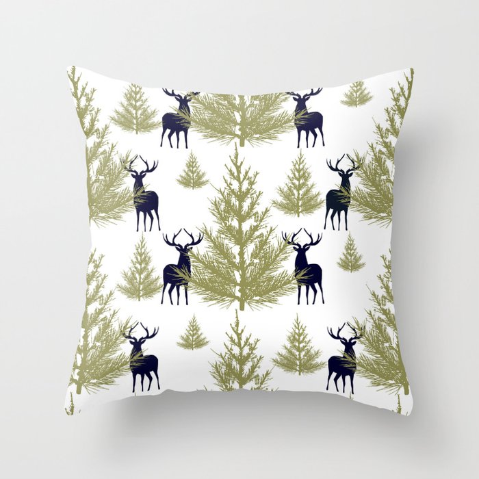 Christmas Trees and Deer, Pattern, Green and Blue Throw Pillow Gallery Image 1