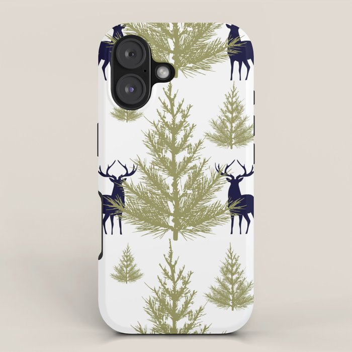 Christmas Trees and Deer, Pattern, Green and Blue iPhone Case Gallery Image 1