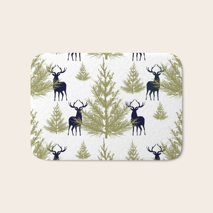 Christmas Trees and Deer, Pattern, Green and Blue Bath Mat Gallery Image 1