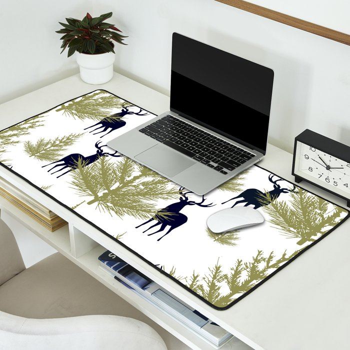 Christmas Trees and Deer, Pattern, Green and Blue Desk Mat Gallery Image 2