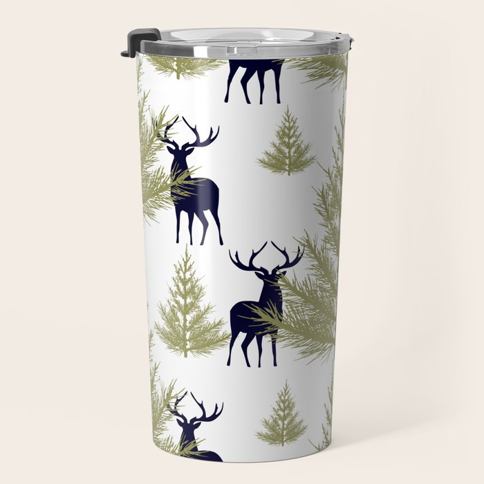 Christmas Trees and Deer, Pattern, Green and Blue Travel Mug Gallery Image 3