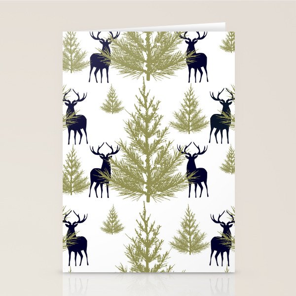 Christmas Trees and Deer, Pattern, Green and Blue Stationery Card Gallery Image 2