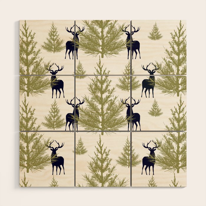 Christmas Trees and Deer, Pattern, Green and Blue Wood Wall Art Gallery Image 1