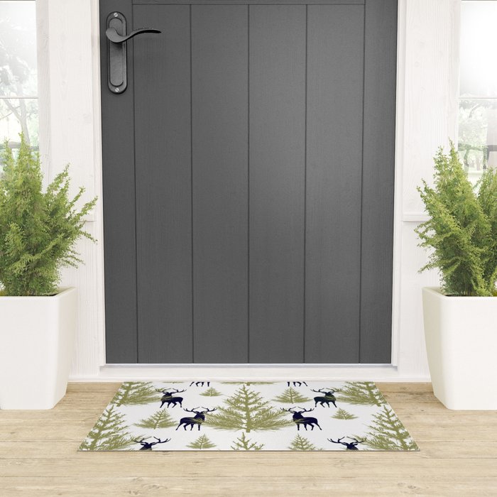 Christmas Trees and Deer, Pattern, Green and Blue Welcome Mat Gallery Image 3