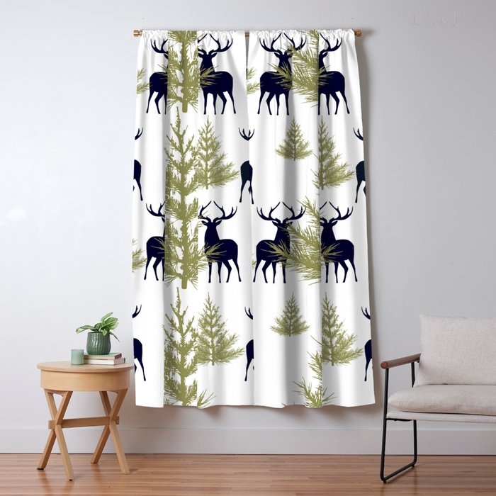 Christmas Trees and Deer, Pattern, Green and Blue Window Curtain Gallery Image 5