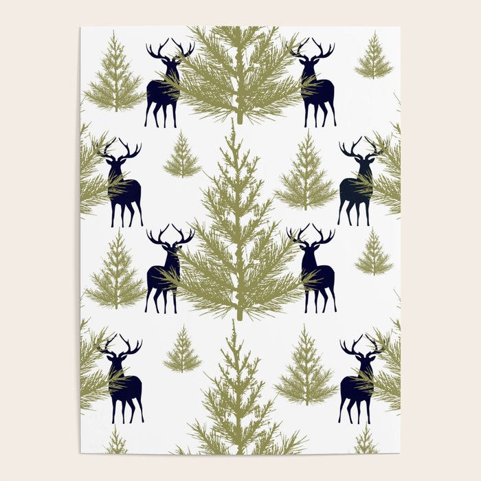 Christmas Trees and Deer, Pattern, Green and Blue Poster Gallery Image 1