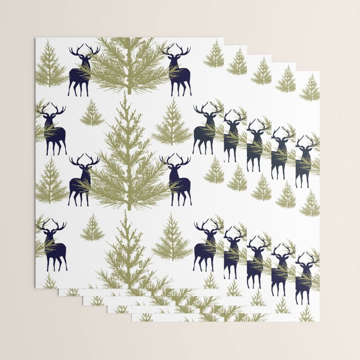 Christmas Trees and Deer, Pattern, Green and Blue Wrapping Paper Gallery Image 3