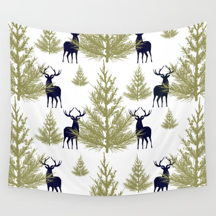 Christmas Trees and Deer, Pattern, Green and Blue Wall Tapestry Gallery Image 1