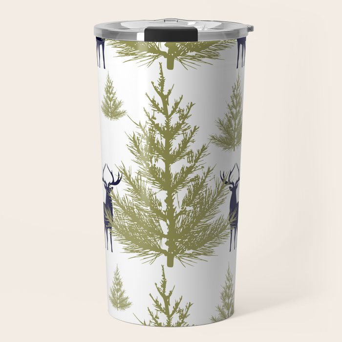 Christmas Trees and Deer, Pattern, Green and Blue Travel Mug Gallery Image 1