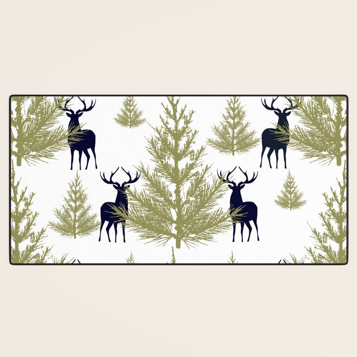 Christmas Trees and Deer, Pattern, Green and Blue Desk Mat Gallery Image 3