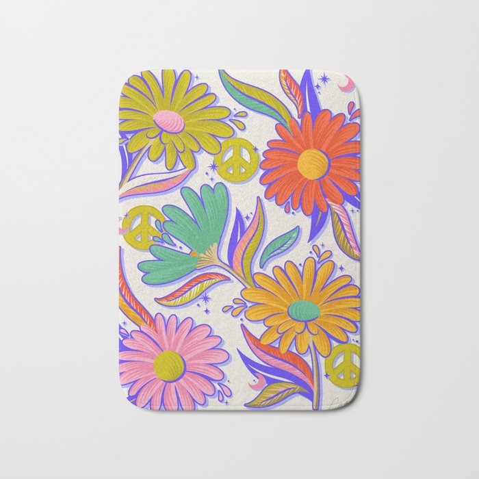 Drippy Daisy Dreamscape - Rainbow & Indigo on White Bath Mat Gallery Image 1