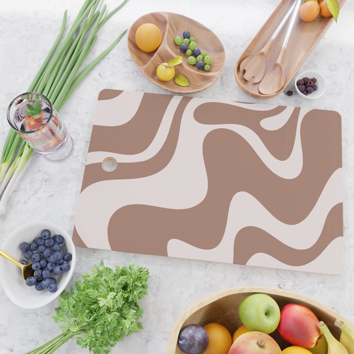 Retro Liquid Swirl Contemporary Abstract Pattern 2 in Mocha Latte Brown Cutting Board Gallery Image 2