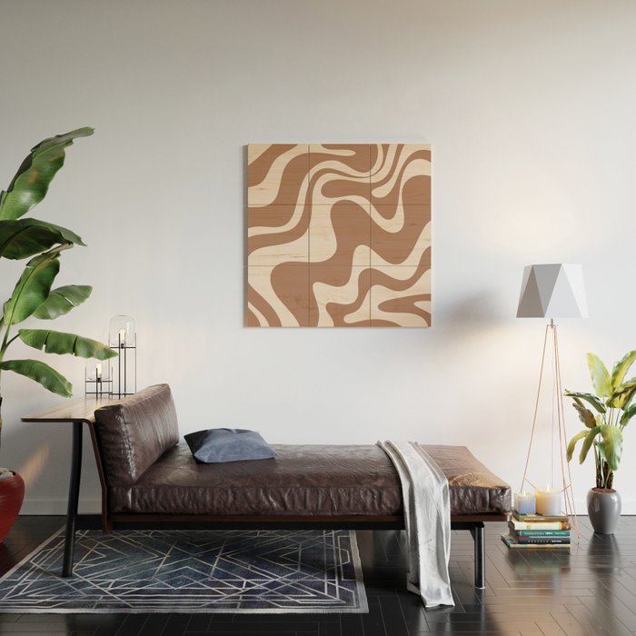 Retro Liquid Swirl Contemporary Abstract Pattern 2 in Mocha Latte Brown Wood Wall Art Gallery Image 2