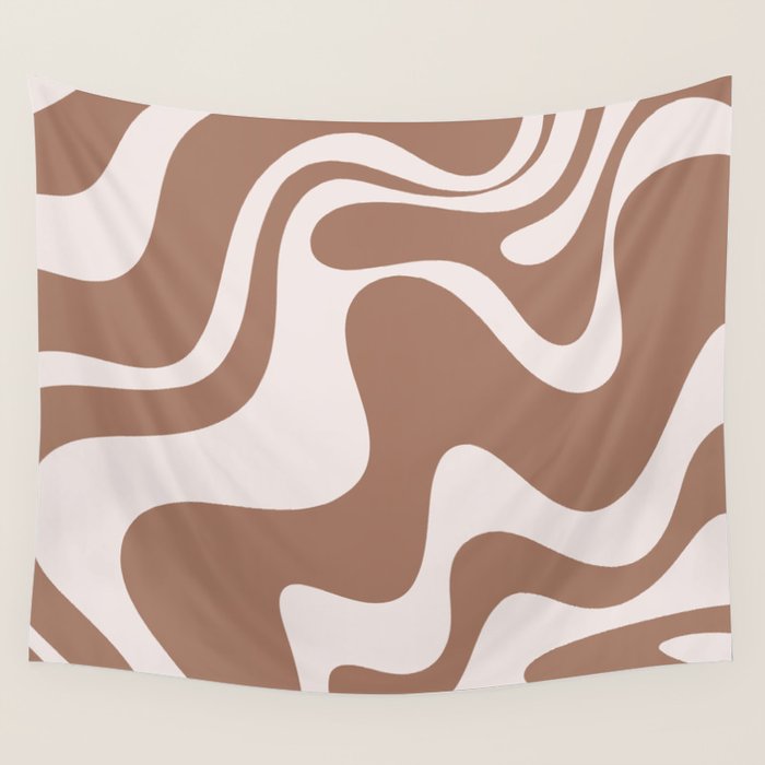 Retro Liquid Swirl Contemporary Abstract Pattern 2 in Mocha Latte Brown Wall Tapestry Gallery Image 4