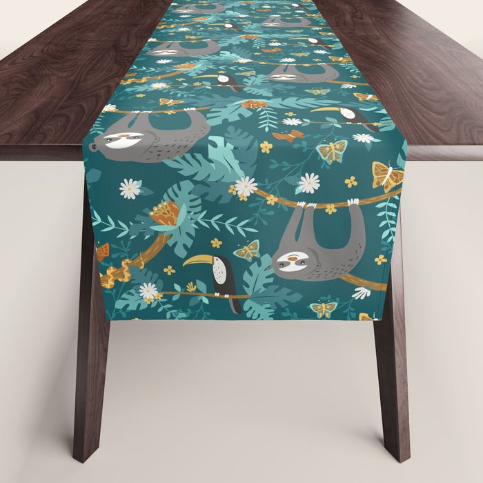 Sloth Hanging in a Teal Forest Table Runner Gallery Image 1