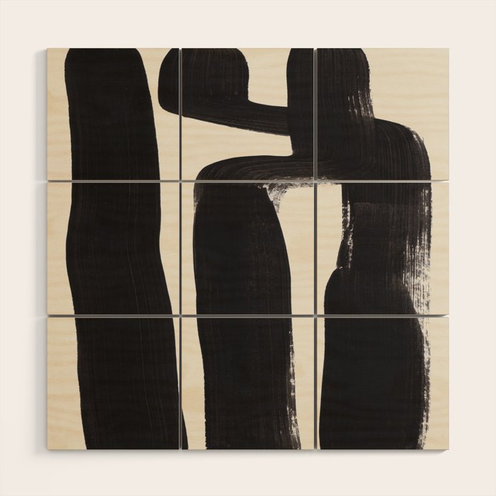 Mid Century Modern Minimalist Abstract Art Brush Strokes Black & White Ink Art Ancient Stripes Wood Wall Art Gallery Image 1
