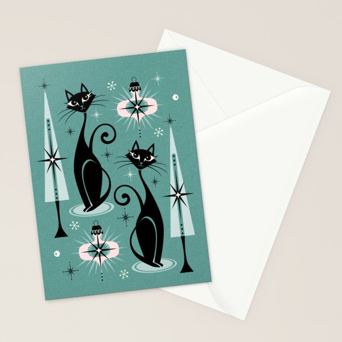 Mid Century Meow Atomic Kitty Christmas ©studioxtine Stationery Card Gallery Image 2
