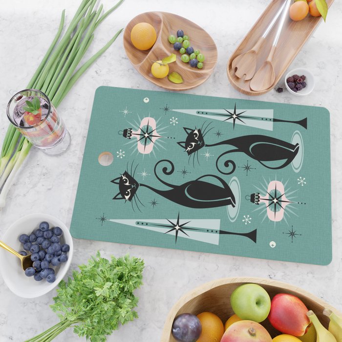 Mid Century Meow Atomic Kitty Christmas ©studioxtine Cutting Board Gallery Image 2