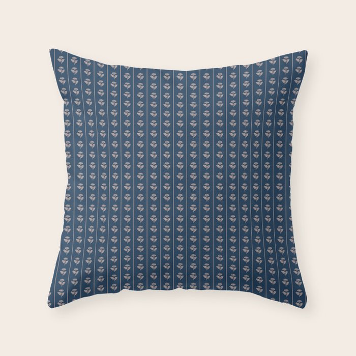 Vintage Cottage Flowers and Stripes Dark Blue and Taupe Pattern Throw Pillow Gallery Image 1