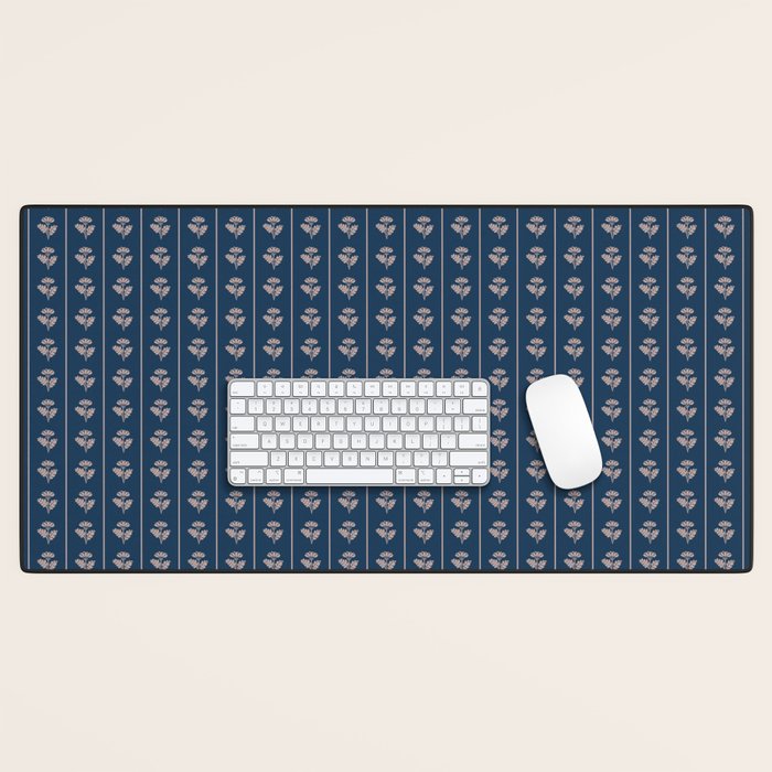Vintage Cottage Flowers and Stripes Dark Blue and Taupe Pattern Desk Mat Gallery Image 1