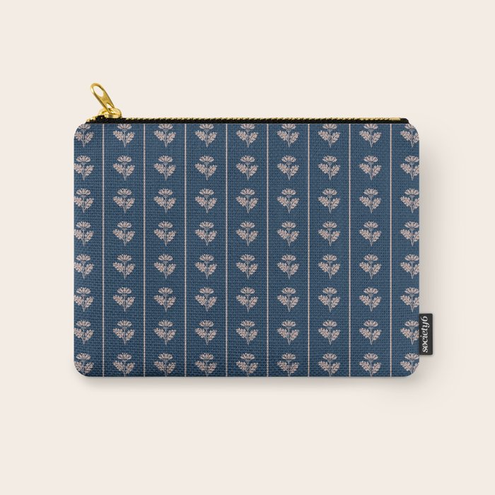 Vintage Cottage Flowers and Stripes Dark Blue and Taupe Pattern Carry All Pouch Gallery Image 1