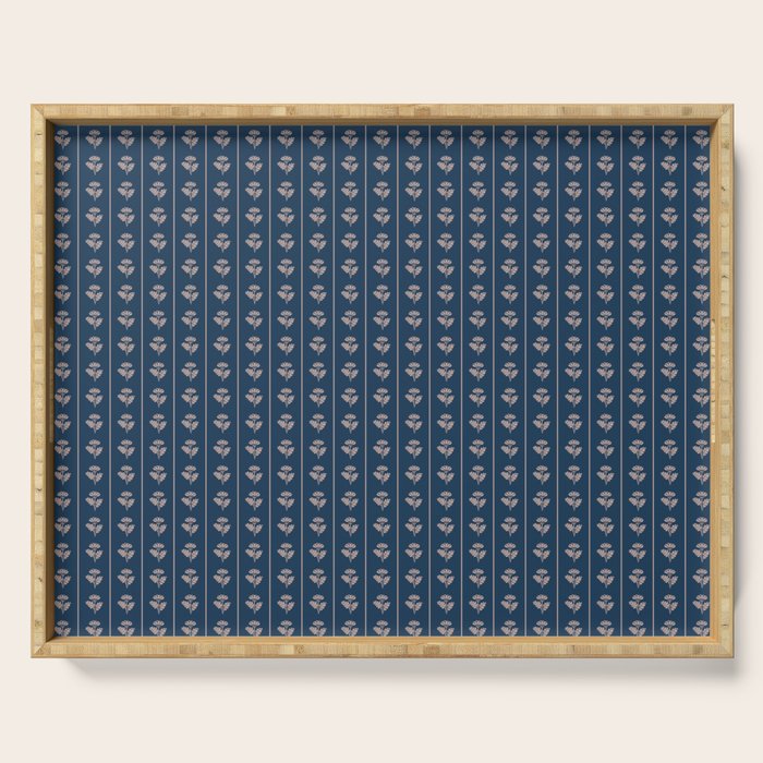 Vintage Cottage Flowers and Stripes Dark Blue and Taupe Pattern Serving Tray Gallery Image 1
