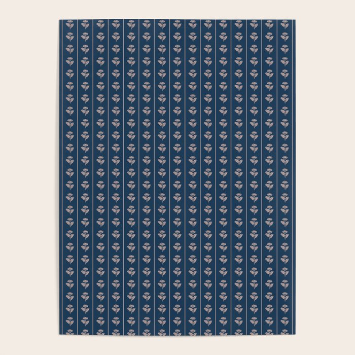 Vintage Cottage Flowers and Stripes Dark Blue and Taupe Pattern Poster Gallery Image 4
