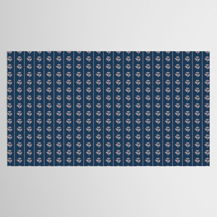 Vintage Cottage Flowers and Stripes Dark Blue and Taupe Pattern Tablecloth Gallery Image 2
