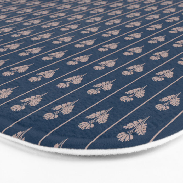 Vintage Cottage Flowers and Stripes Dark Blue and Taupe Pattern Bath Mat Gallery Image 3