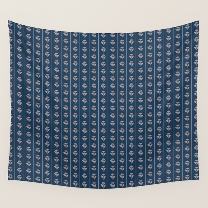 Vintage Cottage Flowers and Stripes Dark Blue and Taupe Pattern Wall Tapestry Gallery Image 4