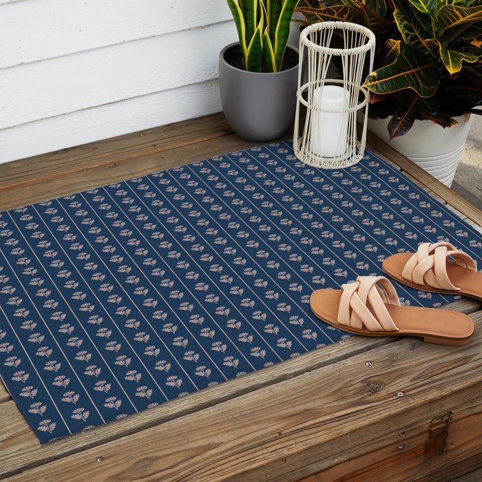 Vintage Cottage Flowers and Stripes Dark Blue and Taupe Pattern Outdoor Rug Gallery Image 2
