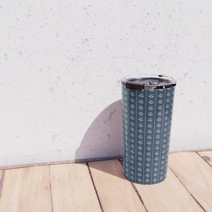 Vintage Cottage Flowers and Stripes Dark Blue and Taupe Pattern Travel Mug Gallery Image 4