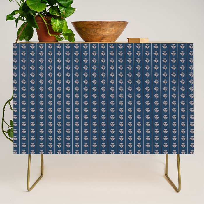 Vintage Cottage Flowers and Stripes Dark Blue and Taupe Pattern Credenza Gallery Image 1