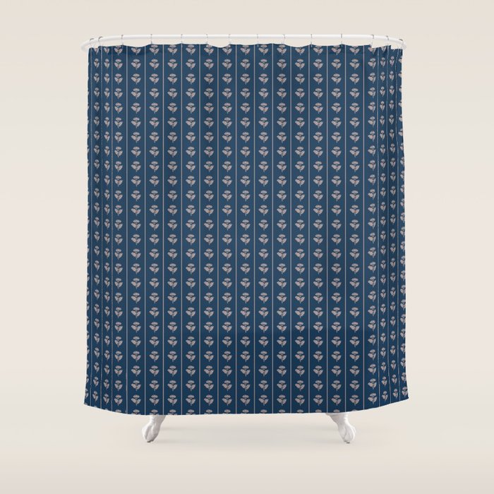 Vintage Cottage Flowers and Stripes Dark Blue and Taupe Pattern Shower Curtain Gallery Image 1
