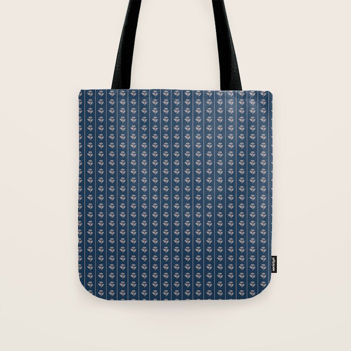 Vintage Cottage Flowers and Stripes Dark Blue and Taupe Pattern Tote Bag Gallery Image 1