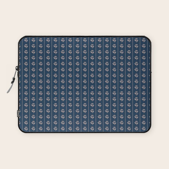 Vintage Cottage Flowers and Stripes Dark Blue and Taupe Pattern Laptop Sleeve Gallery Image 1