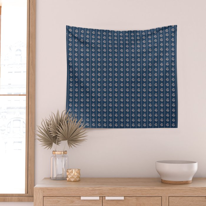 Vintage Cottage Flowers and Stripes Dark Blue and Taupe Pattern Wall Tapestry Gallery Image 2