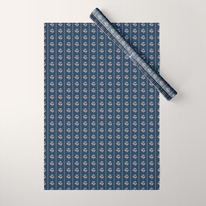 Vintage Cottage Flowers and Stripes Dark Blue and Taupe Pattern Wrapping Paper Gallery Image 1