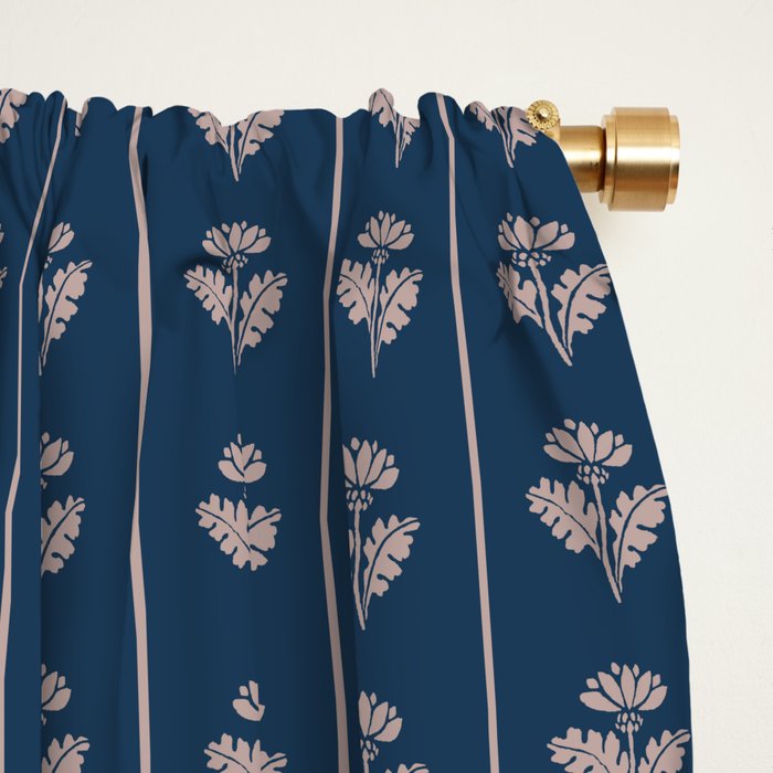 Vintage Cottage Flowers and Stripes Dark Blue and Taupe Pattern Window Curtain Gallery Image 2