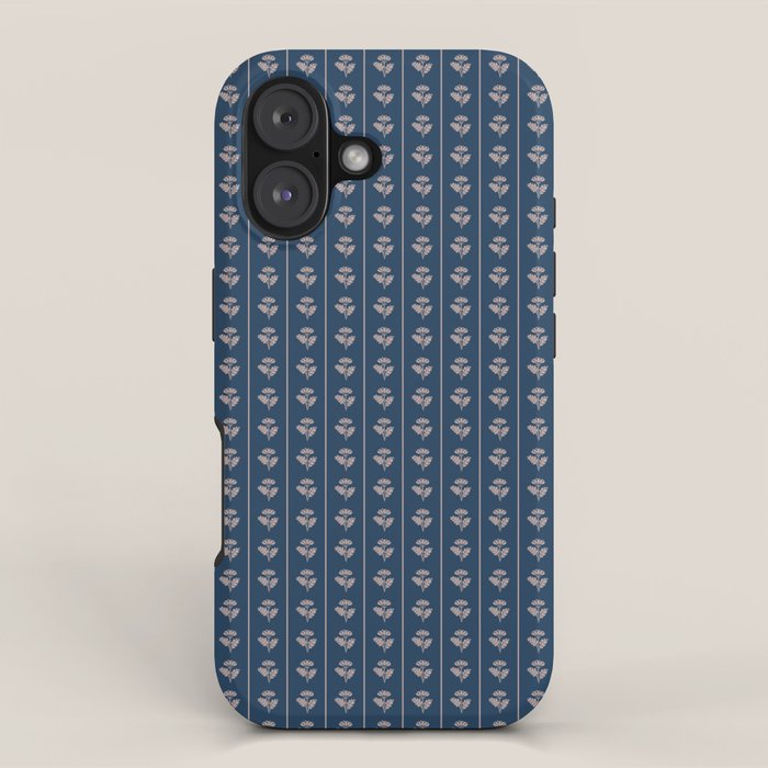 Vintage Cottage Flowers and Stripes Dark Blue and Taupe Pattern iPhone Case Gallery Image 1