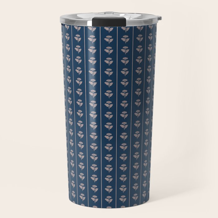 Vintage Cottage Flowers and Stripes Dark Blue and Taupe Pattern Travel Mug Gallery Image 1