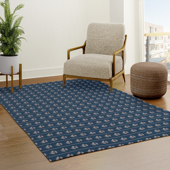 Vintage Cottage Flowers and Stripes Dark Blue and Taupe Pattern Rug Gallery Image 3