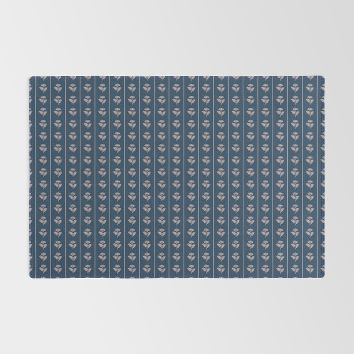Vintage Cottage Flowers and Stripes Dark Blue and Taupe Pattern Rug Gallery Image 2