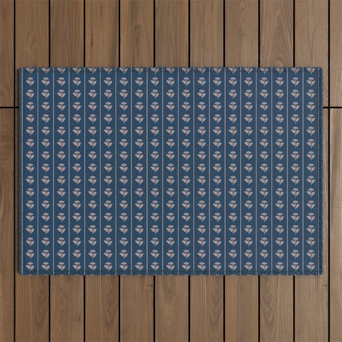 Vintage Cottage Flowers and Stripes Dark Blue and Taupe Pattern Outdoor Rug Gallery Image 1