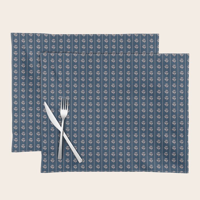 Vintage Cottage Flowers and Stripes Dark Blue and Taupe Pattern Placemat Gallery Image 1