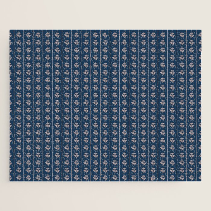 Vintage Cottage Flowers and Stripes Dark Blue and Taupe Pattern Jigsaw Puzzle Gallery Image 1