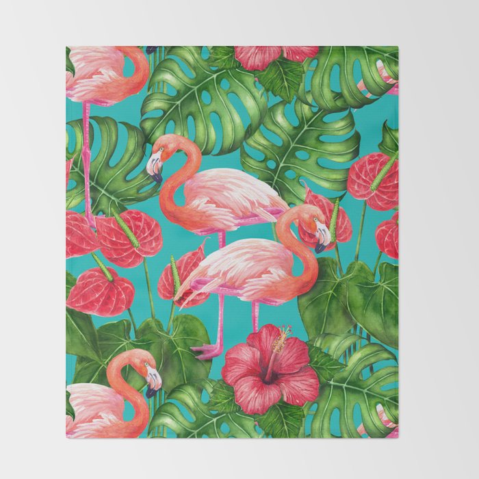 Flamingo birds and tropical garden          watercolor Throw Blanket Gallery Image 2