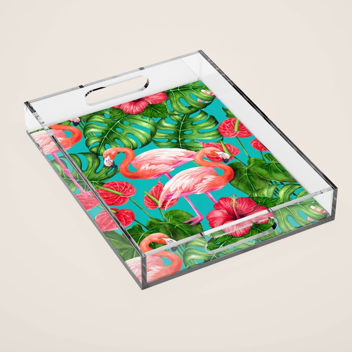 Flamingo birds and tropical garden          watercolor Acrylic Tray Gallery Image 1