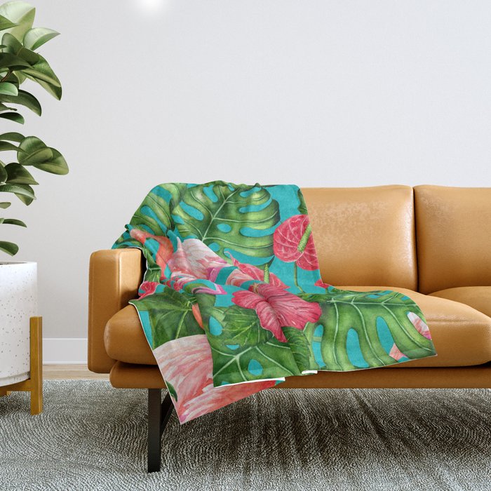 Flamingo birds and tropical garden          watercolor Throw Blanket Gallery Image 1
